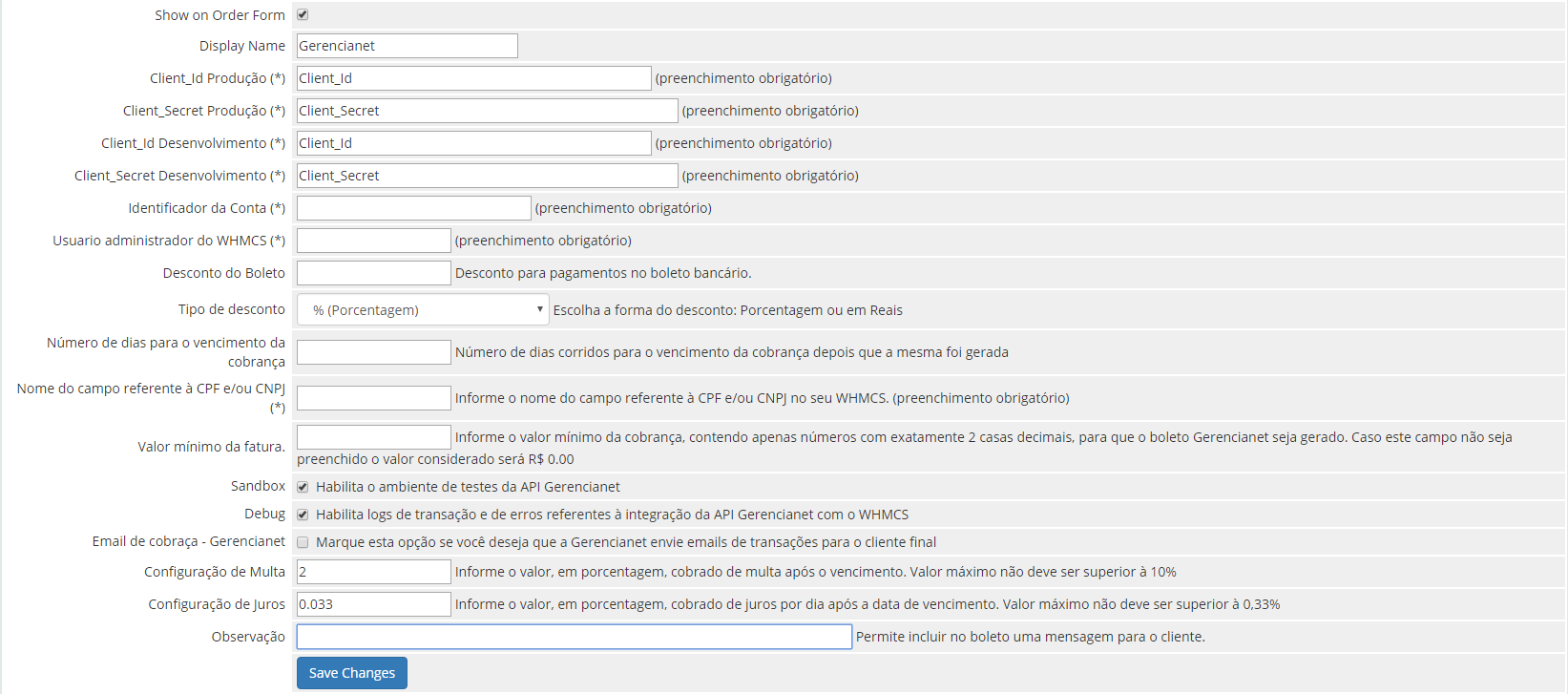 Tela de Configurações do Módulo Gerencianet para WHMCS alt text